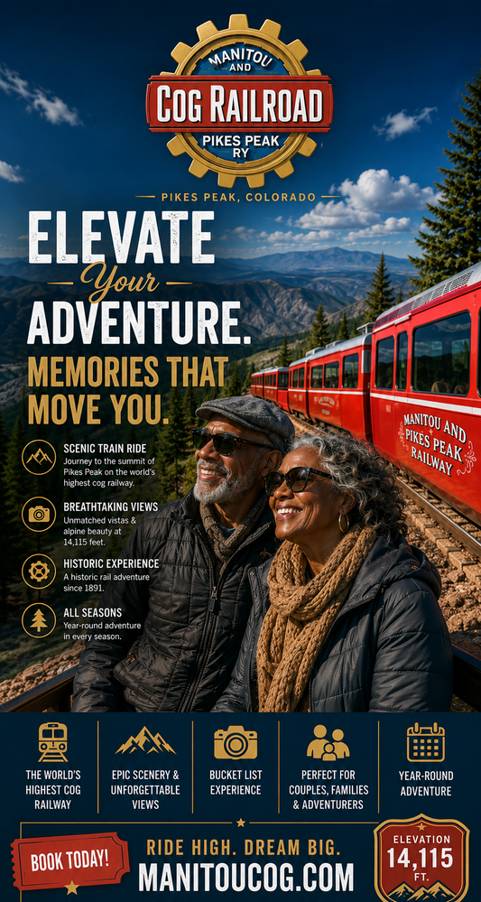 Advertisement for Manit翁 cog railroad with scenic mountain view and promotional text.