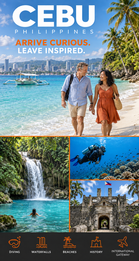 Promotional travel graphic for Cebu, Philippines, showing a couple walking on a tropical beach with turquoise water and palm trees, a waterfall and turquoise pool, an underwater scene with a diver, a stone historic gate, and icons for diving, waterfalls, beaches, history, and international gateway. Large text reads 'CEBU PHILIPPINES' and 'ARRIVE CURIOUS.