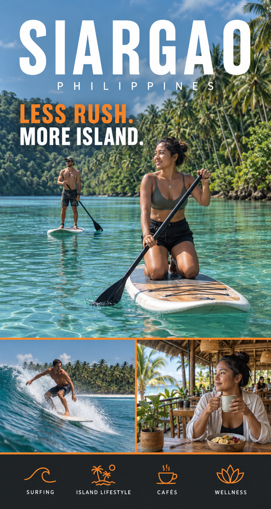 Promotional travel graphic for Siargao, Philippines, showing a woman on a stand-up paddleboard in turquoise water with palm trees and a beachfront setting, plus smaller inset photos of surfing, island lifestyle, cafes, and wellness. Large text reads 'SIARGAO PHILIPPINES' and 'LESS RUSH.