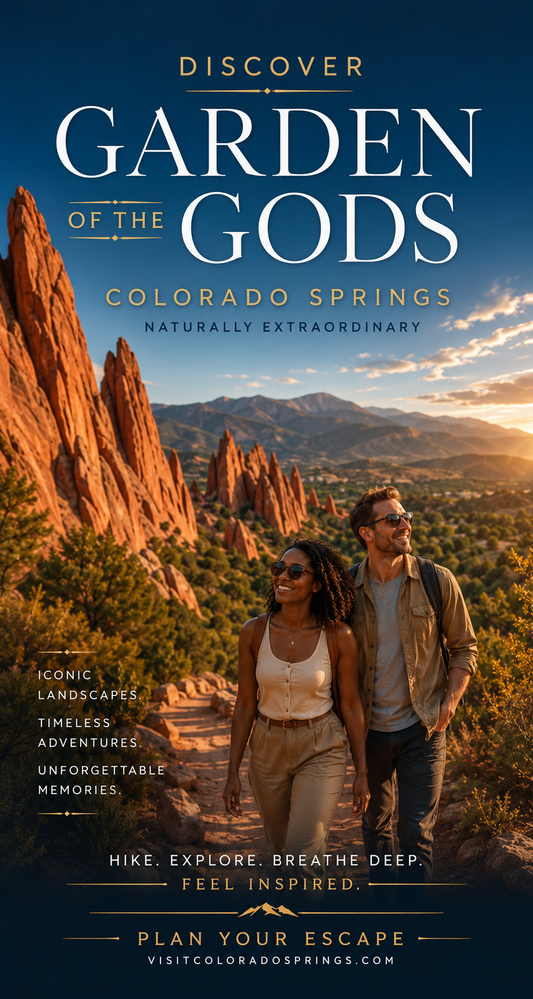 Promotional poster for Garden of the Gods in Colorado Springs featuring a couple walking through the park.