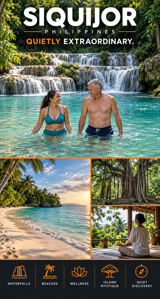 Promotional travel graphic for Siquijor, Philippines, with large text reading 'SIQUIJOR PHILIPPINES QUIETLY EXTRAORDINARY' above a collage of scenic photos: a waterfall and two people standing in turquoise water, a tropical beach, a lush island scene, and a woman meditating in a pavilion. A black strip along the bottom contains icons and labels for waterfalls, beaches, wellness, island mystique, and quiet discovery.