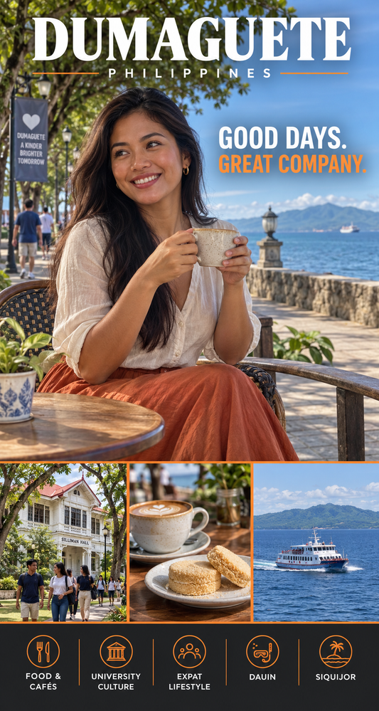 A travel-style promotional collage for Dumaguete, Philippines. The top panel shows a smiling woman seated outdoors by the water holding a mug, with large text reading 'DUMAGUETE PHILIPPINES' and 'GOOD DAYS.