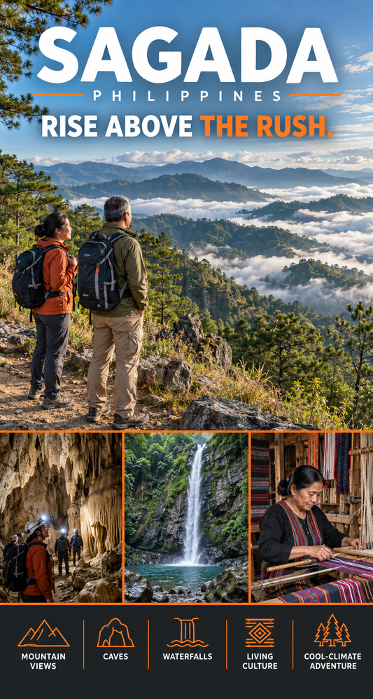 Promotional travel graphic for Sagada, Philippines, with large white and orange text at the top, a scenic mountain landscape with two hikers below, and three smaller inset photos showing cave exploration, a waterfall, and a woman weaving textiles. The bottom strip lists attractions: mountain views, caves, waterfalls, living culture, and cool climate adventure.