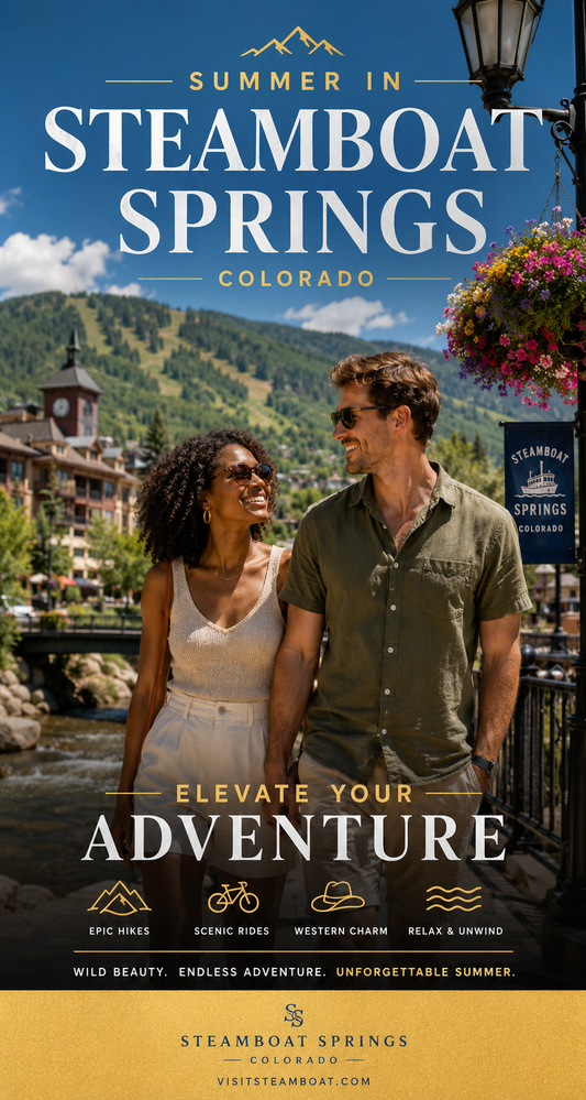 Promotional poster for Summer in Steamboat Springs, Colorado featuring a couple and scenic background.
