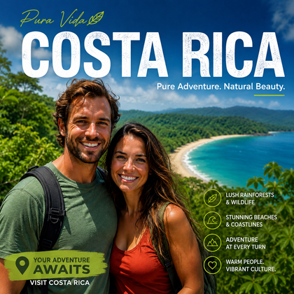 Couple with backpacks in front of a scenic Costa Rican landscape with text promoting the country.