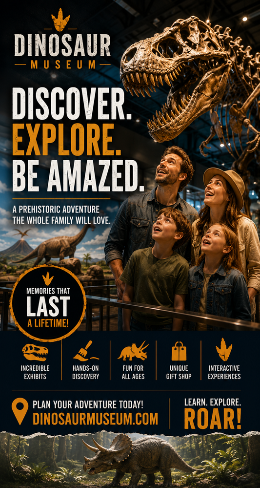 Promotional poster for the Dinosaur Museum featuring a large dinosaur skeleton, a family looking up at exhibits, and text such as 'Discover. Explore.