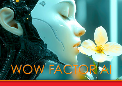 A close-up stylized portrait of a white humanoid robot face and neck beside a pale yellow flower, with large orange text reading 'WOW FACTOR AI' across the bottom.
