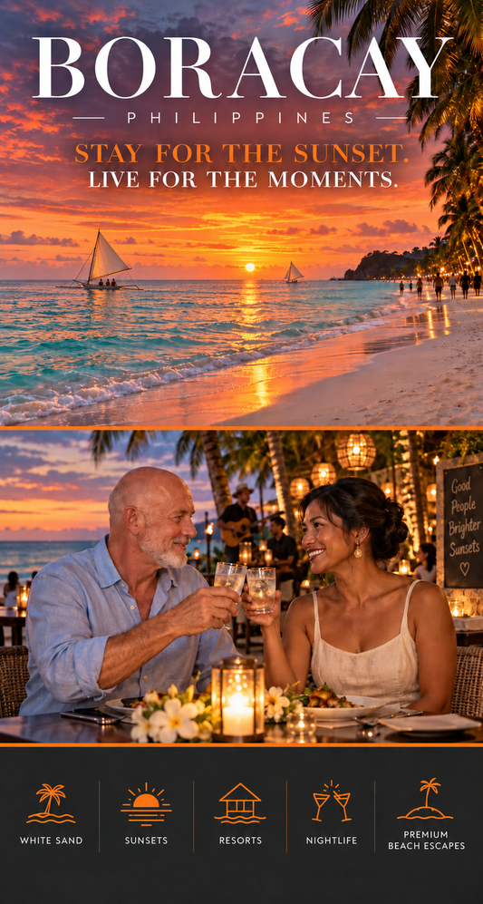Promotional travel graphic for Boracay Philippines, featuring a sunset beach scene with sailboats, a couple toasting at a beachside restaurant, and text reading 'BORACAY PHILIPPINES' and 'STAY FOR THE SUNSET. LIVE FOR THE MOMENTS.