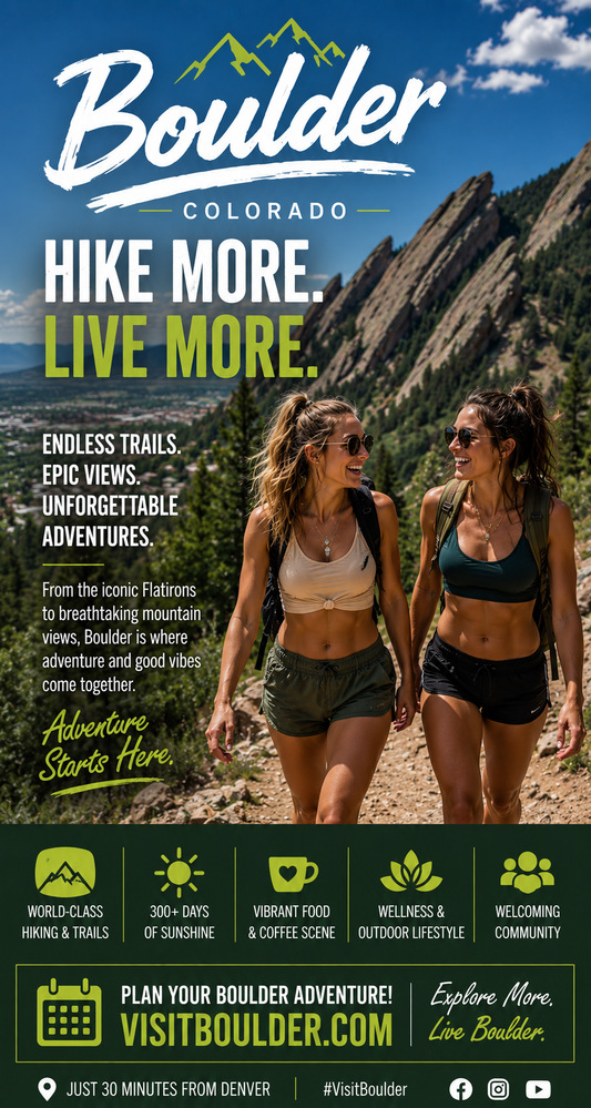 Two women hiking with scenic mountains and text promoting Boulder, Colorado.