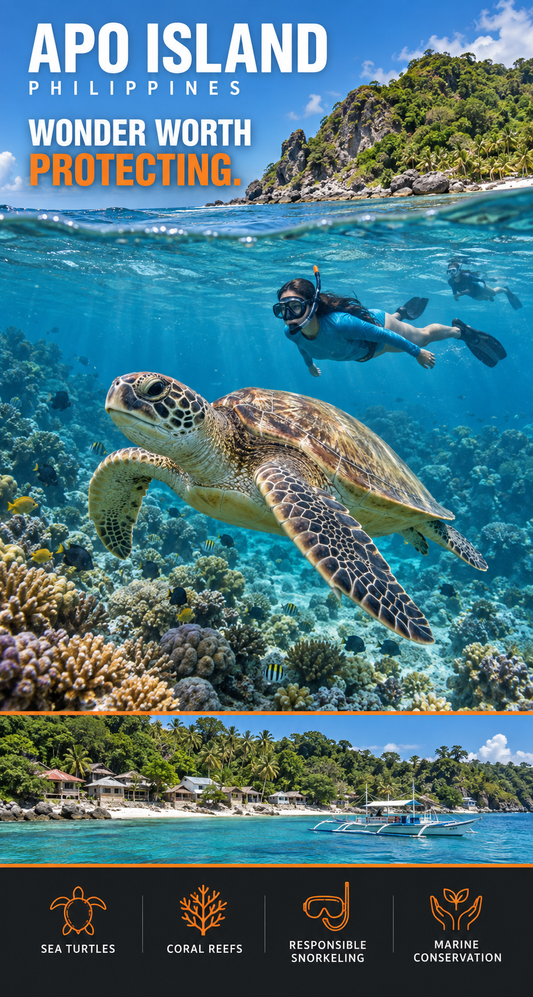 Promotional travel graphic for Apo Island, Philippines, showing an underwater scene with a sea turtle swimming near a diver, a tropical shoreline with beachfront buildings, and four orange icons at the bottom for sea turtles, coral reefs, responsible snorkeling, and marine conservation.