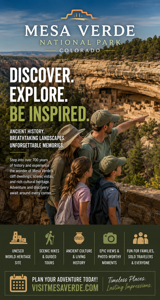 Promotional poster for Mesa Verde National Park in Colorado featuring a family at the park with text encouraging exploration.