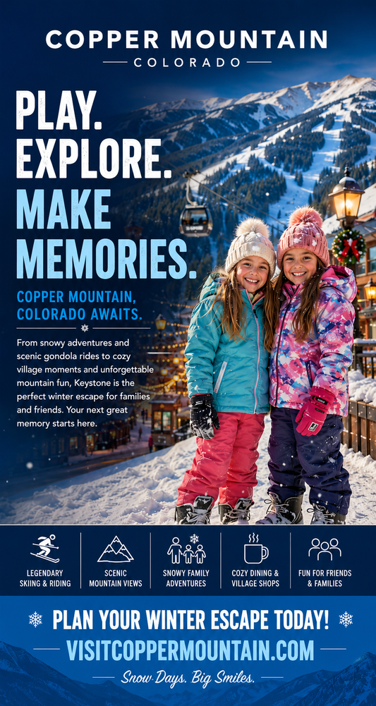 A promotional winter travel poster for Copper Mountain, Colorado, featuring two smiling girls in colorful ski outfits standing in the snow in front of a mountain backdrop. Large text reads 'Play.