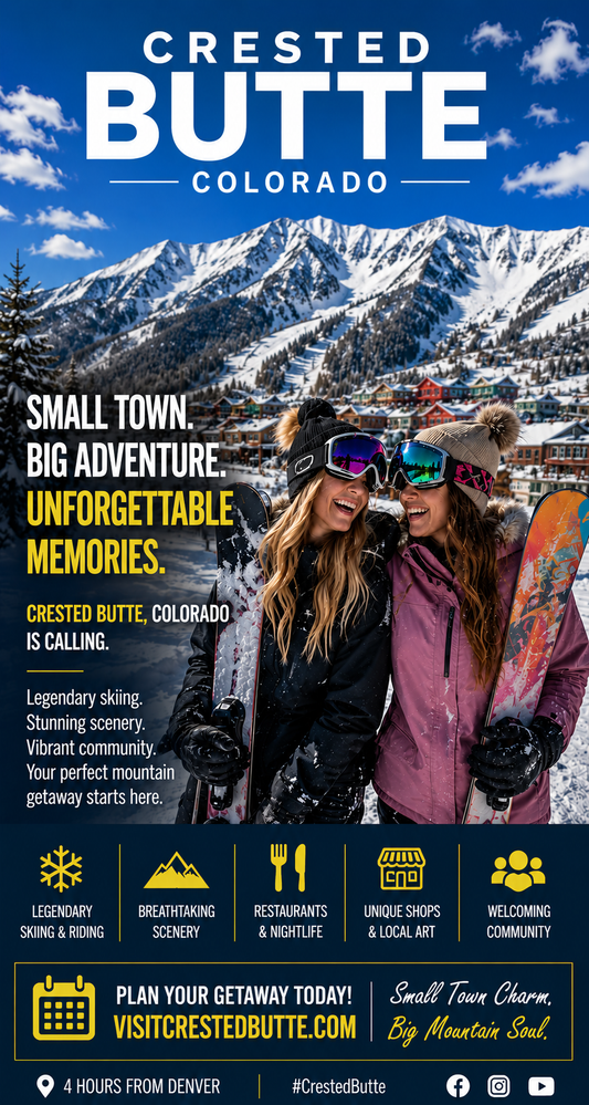 Promotional travel poster for Crested Butte, Colorado, featuring a snowy mountain backdrop and two smiling women in ski gear holding skis. Large text reads 'CRESTED BUTTE COLORADO' and includes descriptive travel copy and contact information.