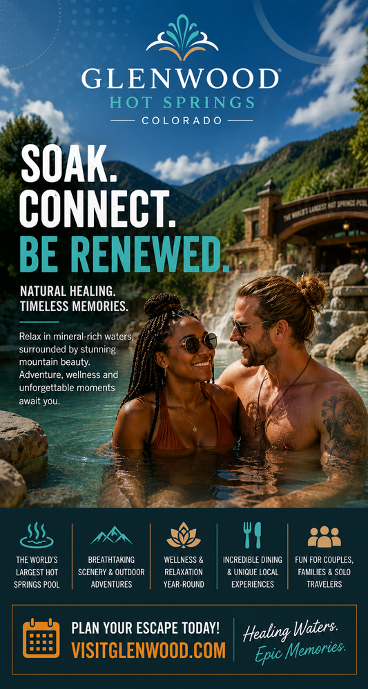 Promotional poster for Glenwood Hot Springs in Colorado featuring a couple in a hot spring with scenic mountains in the background.