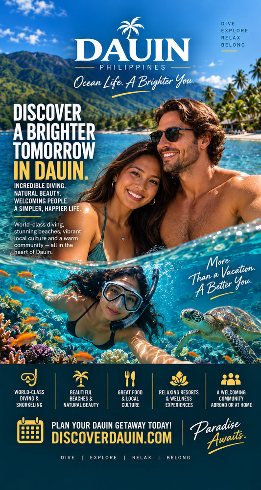 A full-page travel advertisement for Dauin Philippines, featuring a smiling couple at the beach and a woman snorkeling in clear blue water. The ad includes large text, the Dauin logo, and a dark blue footer with website and contact details.