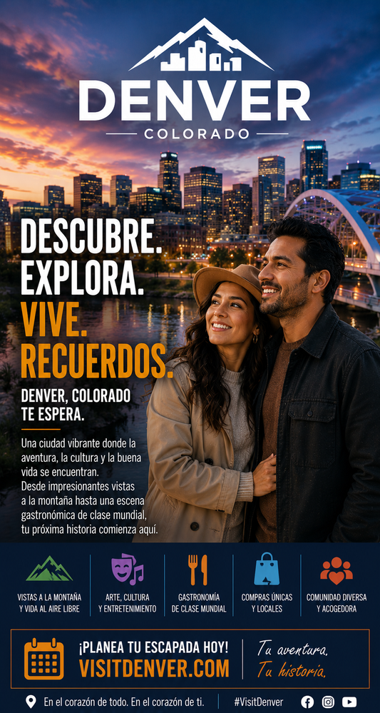 Promotional poster for Denver, Colorado featuring a couple and city skyline.