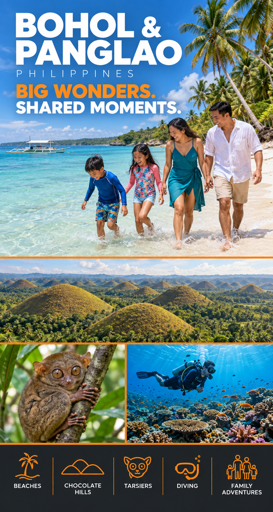 Promotional travel collage for Bohol & Panglao, Philippines, showing a family walking on a tropical beach, rolling green hills, a tarsier on a tree, a diver underwater, and beach, hills, tigers, diving, and family adventures icons along the bottom.