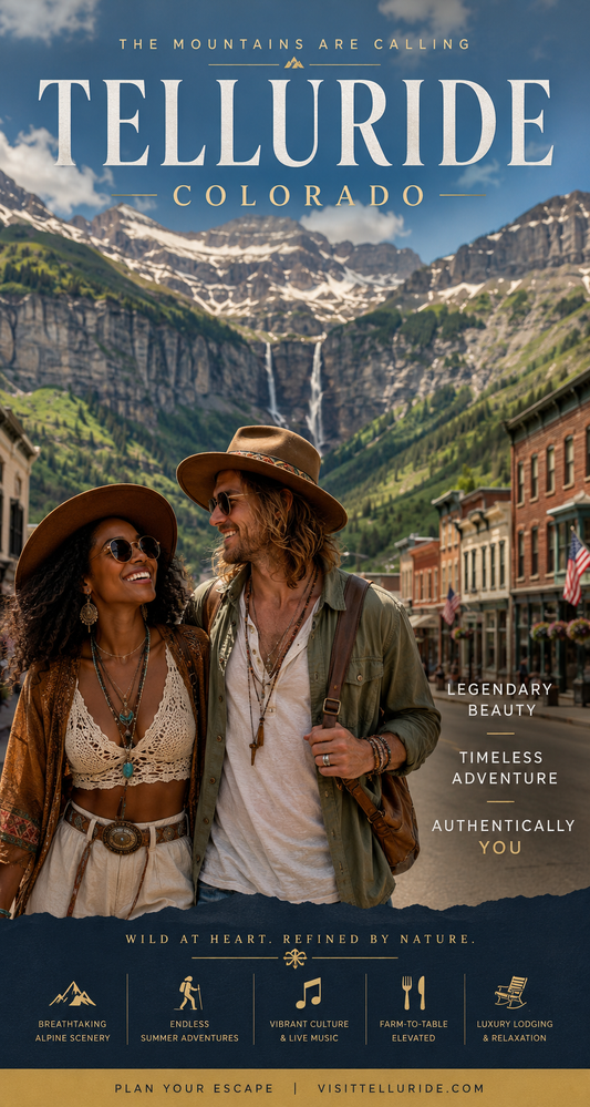 Promotional poster for Telluride, Colorado featuring a couple in front of a mountainous landscape with a waterfall.