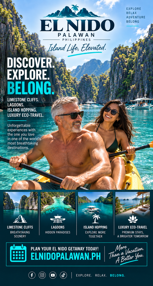 Promotional travel poster for El Nido Palawan, Philippines, featuring a couple paddling in a yellow kayak on turquoise water with limestone cliffs in the background. Large text reads 'EL NIDO PALAWAN PHILIPPINES' and 'DISCOVER.