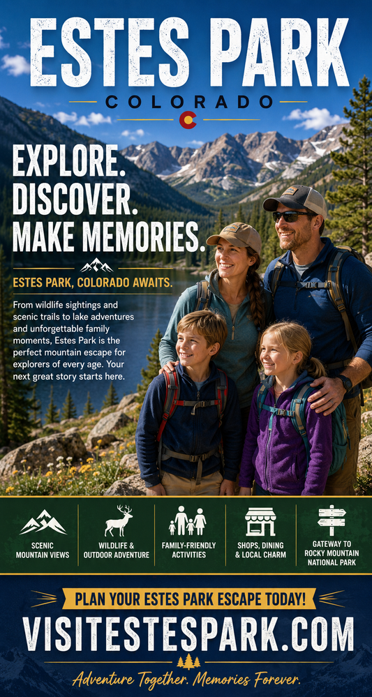 Promotional poster for Estes Park, Colorado featuring a family with backpacks against a mountainous background.