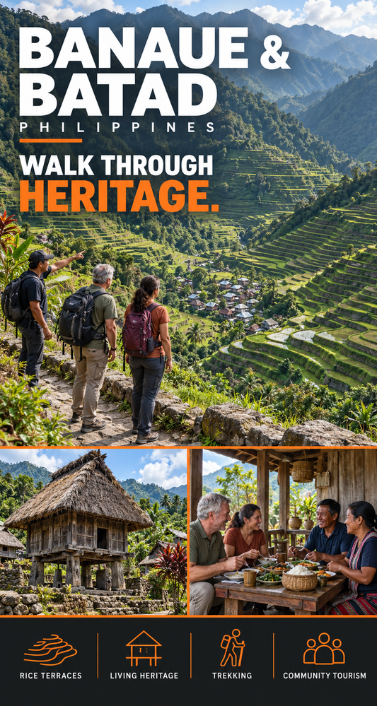 Promotional travel graphic for Banaue & Batad in the Philippines, featuring a large scenic view of green rice terraces and mountain backdrop, three hikers looking at the landscape, a thatched-roof house, and a dining scene with locals. Large text reads 'BANAUE & BATAD PHILIPPINES' and 'WALK THROUGH HERITAGE.