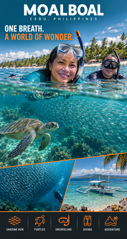 Promotional travel graphic for Moalboal Cebu, Philippines, showing a split beach-and-sea scene with snorkelers at the surface, a sea turtle swimming underwater, a diver, a boat on turquoise water, and the text 'MOALBOAL CEBU, PHILIPPINES' and 'ONE BREATH. A WORLD OF WONDER.