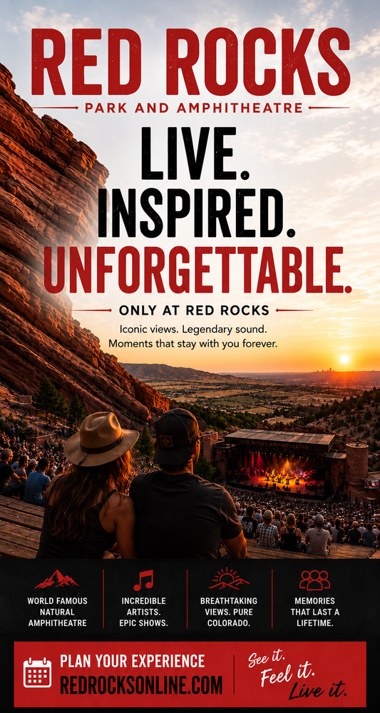 Promotional poster for Red Rocks Park and Amphitheatre, featuring a large crowd watching a live concert at sunset, with bold red and black text reading 'RED ROCKS LIVE. INSPIRED.