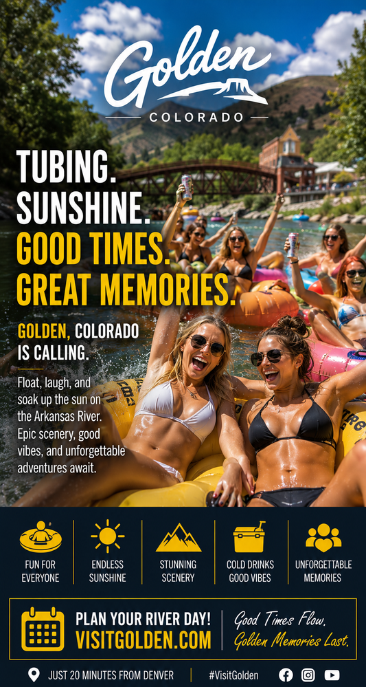 Promotional poster for Golden, Colorado, featuring people tubing on a river with scenic background.