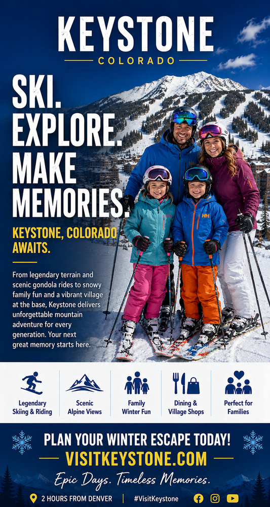 A promotional travel poster for Keystone, Colorado, featuring a family of four in ski gear standing in front of snowy mountains. Large text reads 'KEYSTONE COLORADO' and 'SKI.