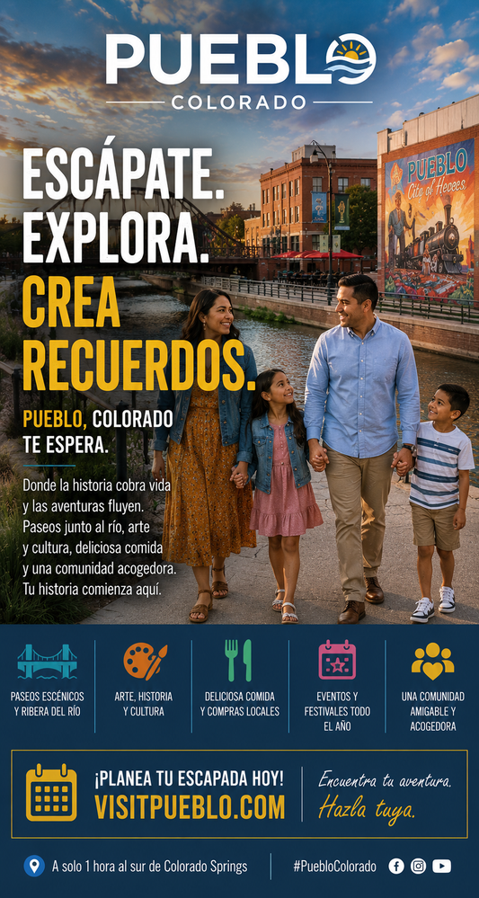 Promotional poster for Pueblo, Colorado featuring a family walking together with scenic and cultural elements.