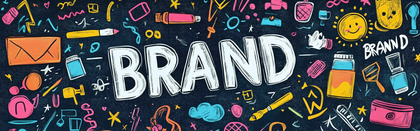 Colorful brand logo with various icons on a dark background